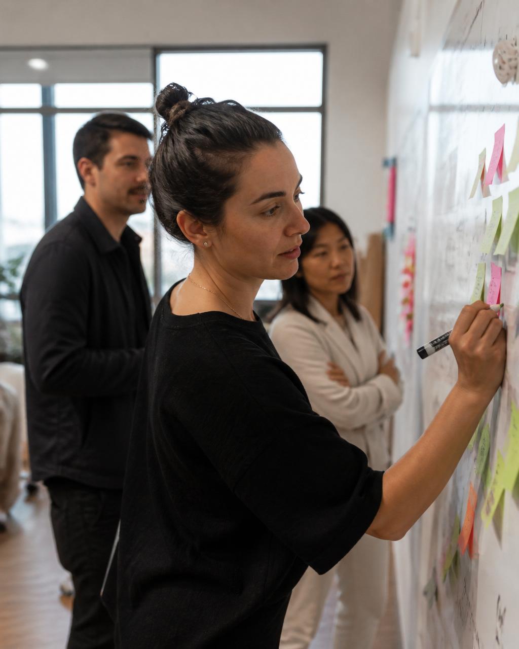 L&D-team werkt samen aan een whiteboard met leerstappen