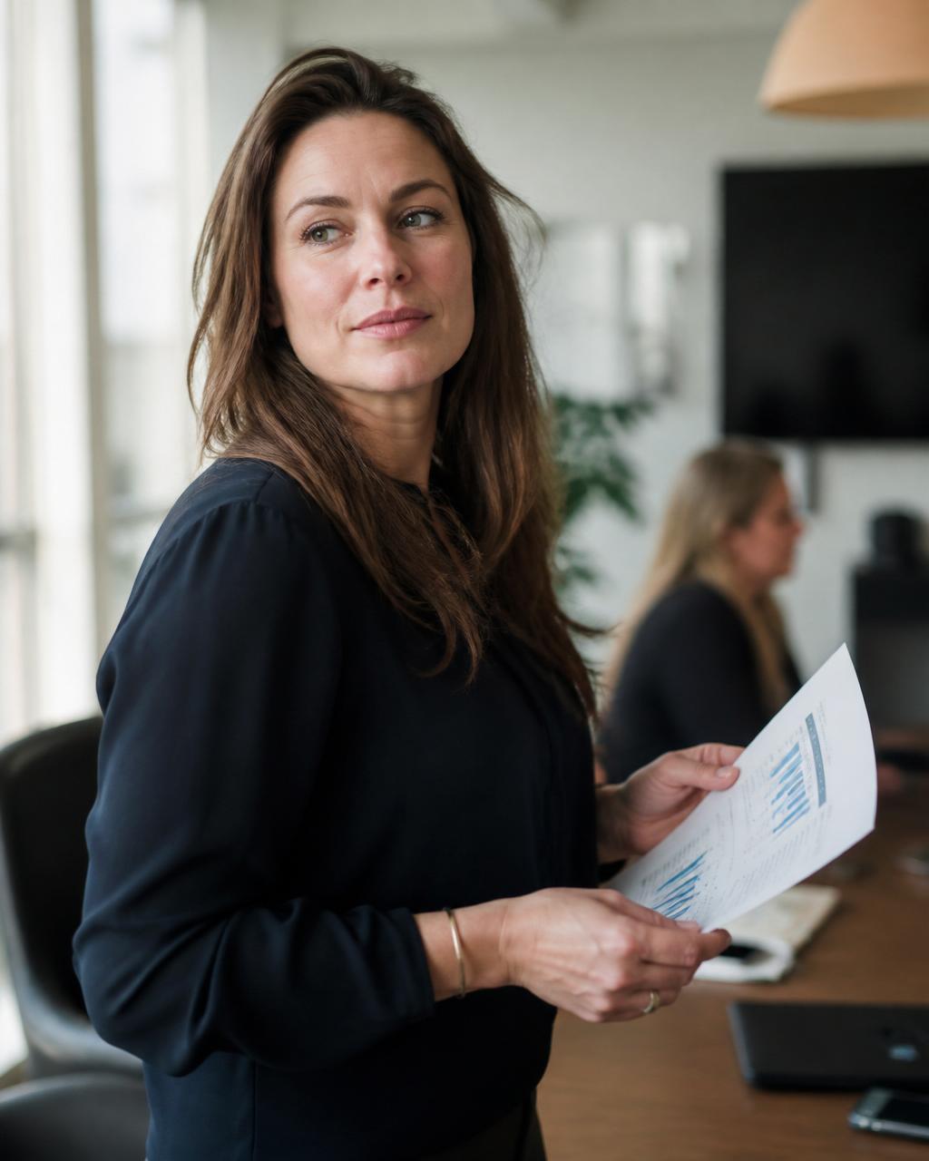 HR-teamlead bespreekt een teamrapport in een lichte vergaderruimte